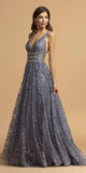 Aspeed USA L2149 Sleeveless A-Line Charcoal Prom Gown V Neckline Beaded Waist