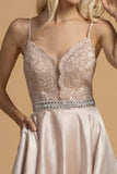 Appliqued Bodice Long Prom Dress with Pockets Blush