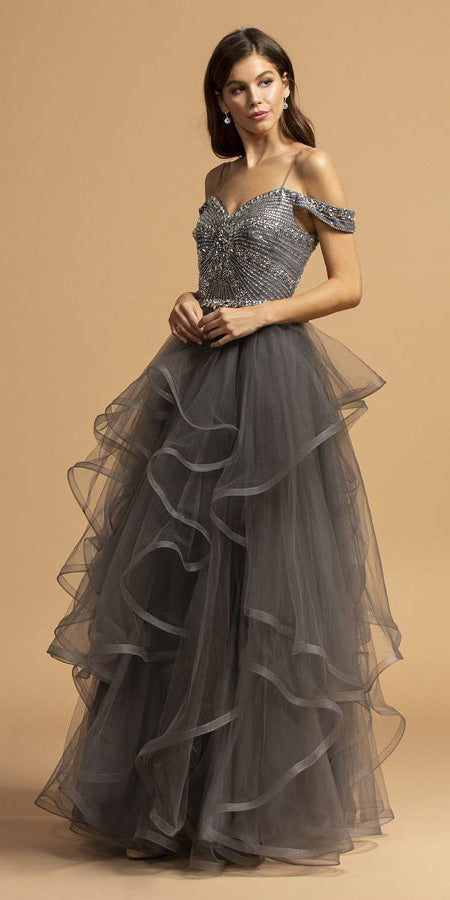 Cold-Shoulder Tiered Long Prom Dress Charcoal