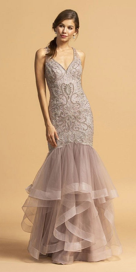 Embellished Mermaid Long Prom Dress V-Neck Mauve