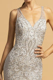 Embellished Mermaid Long Prom Dress V-Neck Silver