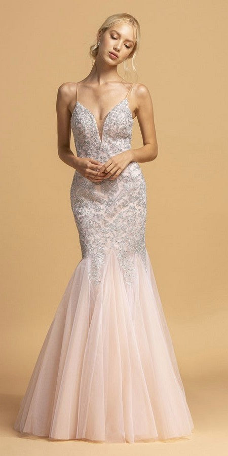 Champagne Long Prom Dress with Spaghetti Straps