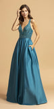 Teal Criss-Cross Back Long Prom Dress with Pockets
