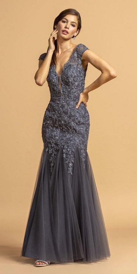 Aspeed Design L2178 Cap Sleeved Charcoal Long Formal Dress with Appliques
