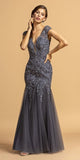 Aspeed Design L2178 Cap Sleeved Charcoal Long Formal Dress with Appliques
