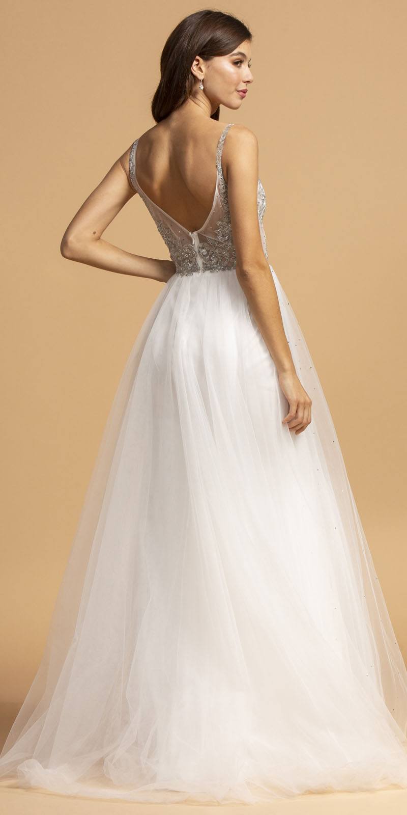Aspeed Design L2180 Appliqued Long Prom Dress with Cape Skirt Off White/Silver