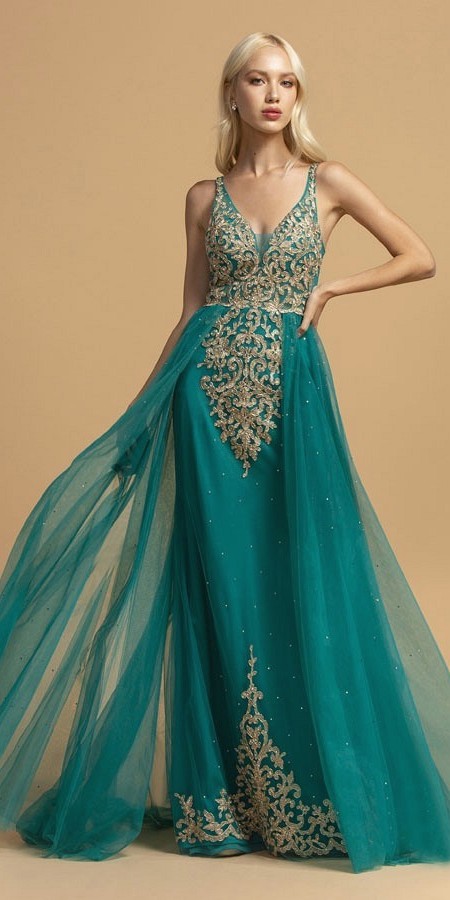 Appliqued Long Prom Dress with Cape Skirt Teal