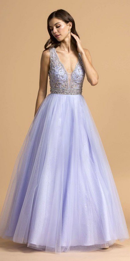 Cut-Out Back Beaded A-Line Long Prom Dress Perry Blue