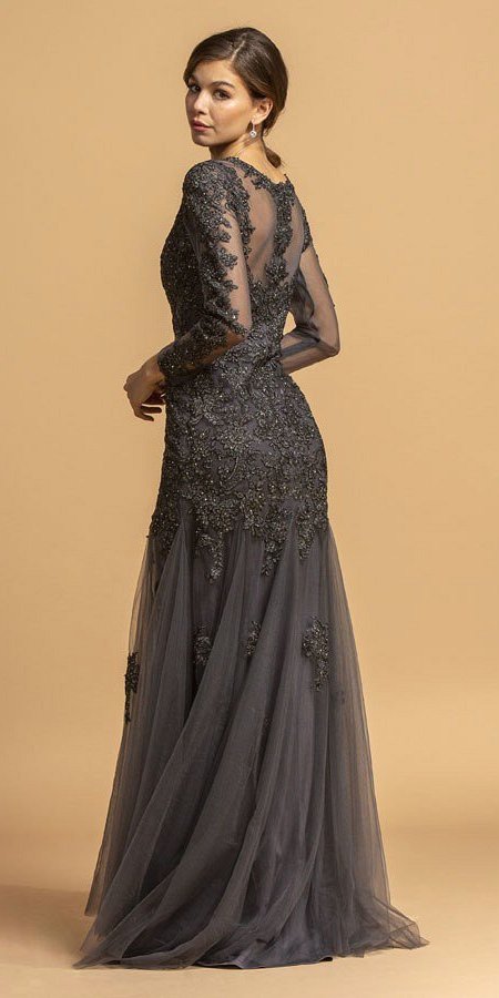 Charcoal Appliqued Long Formal Dress Long Sleeves