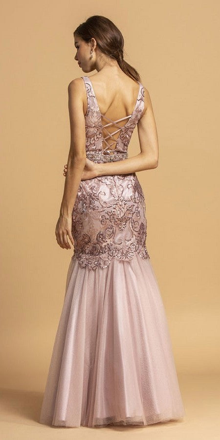 Lace-Up Back Embellished Long Prom Dress Mauve