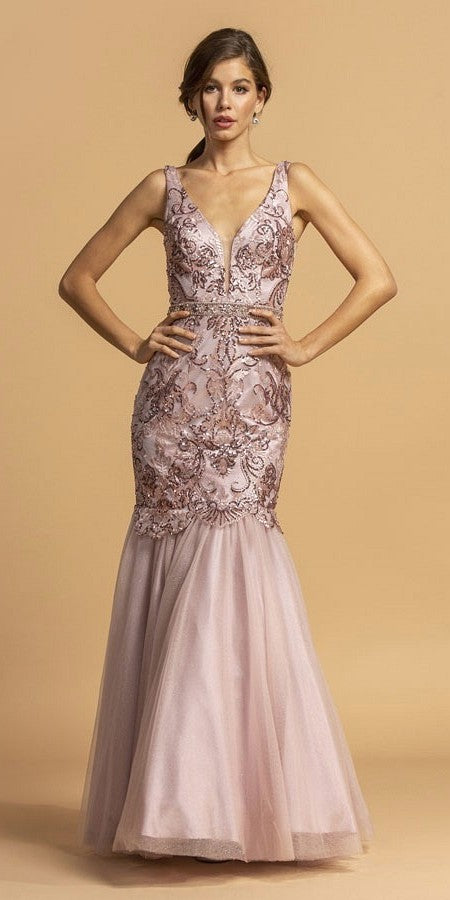 Lace-Up Back Embellished Long Prom Dress Mauve