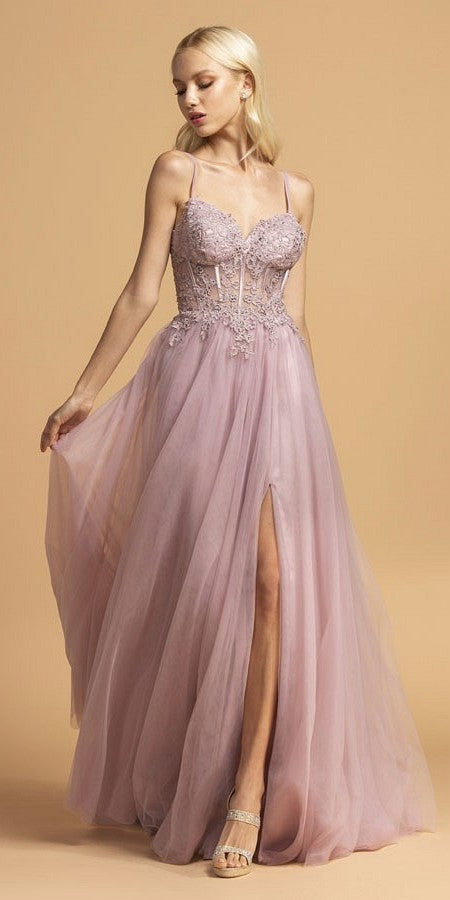 Appliqued Bodice Long A-Line Prom Dress Misty Lilac
