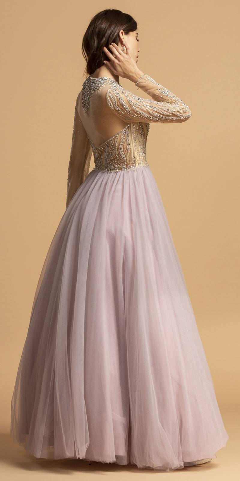 Aspeed USA L2217 Long Sleeved Illusion Beaded Long Prom Dress Mauve