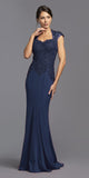 Navy Blue Appliqued Long Formal Dress with Short Train