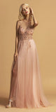 Blush V-Neck and Back Long Prom Dress with Spaghetti Strap