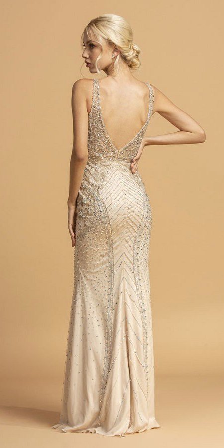 Champagne Embellished Long Prom Dress Sleeveless