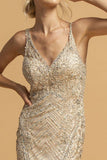 Champagne Embellished Long Prom Dress Sleeveless