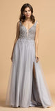 Beaded Bodice Long Prom Dress with Slit Gray