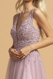 Beaded Bodice Long Prom Dress with Slit Misty Lavender