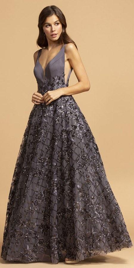 Aspeed Design L2237 A-Line Ball Gown Long Charcoal V Neckline Side Insets Open Back