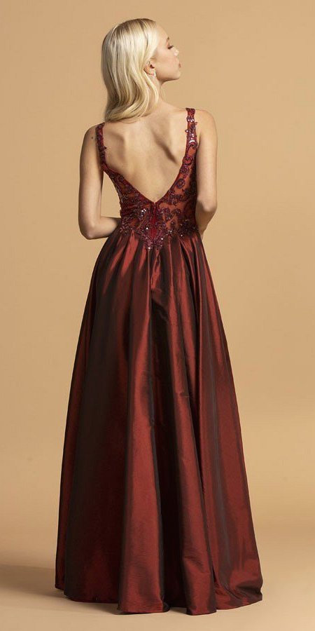 Aspeed USA L2241 A-Line Appliqued Long Taffeta Prom Dress Burgundy with Slit