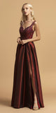 A-Line Appliqued Long Taffeta Prom Dress Burgundy with Slit