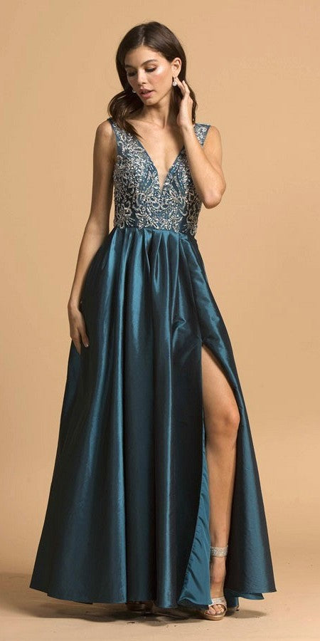 Cut-Out Back Sleeveless Long Prom Dress with Slit Teal