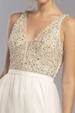Champagne V-Neck and Back Embellished Long Prom Dress