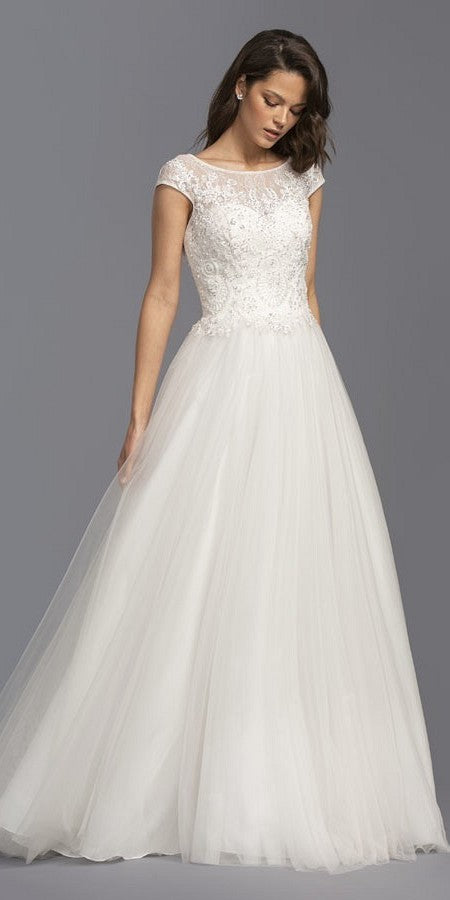 Illusion Beaded Long Wedding Dress Cap Sleeves Off White