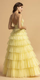 Tiered Lemon Appliqued Long Prom Dress with Spaghetti Straps  