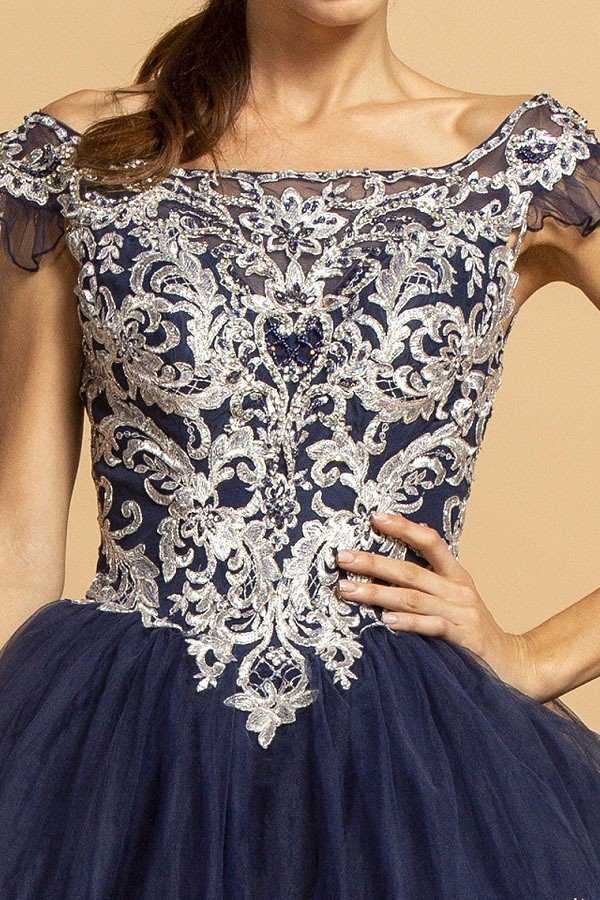 Navy Blue Long Quinceanera Dress Cut-Out Back with Appliques