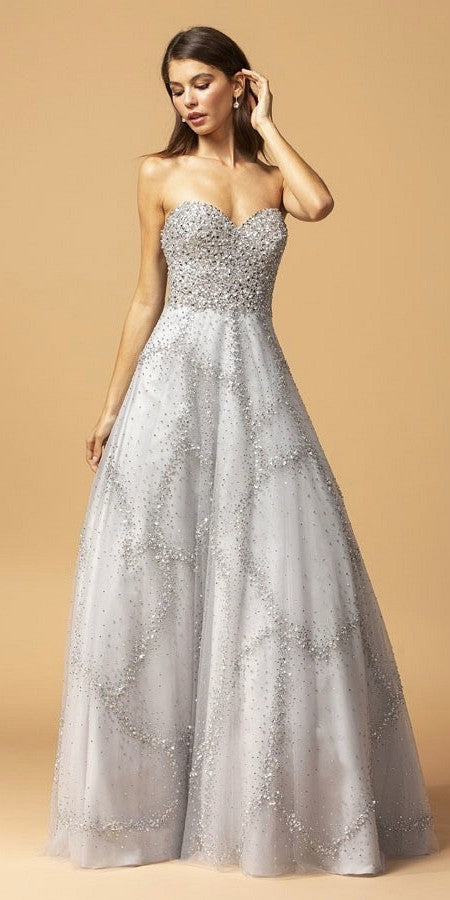 Rhinestone Embellished Strapless Long Prom Dress Silver