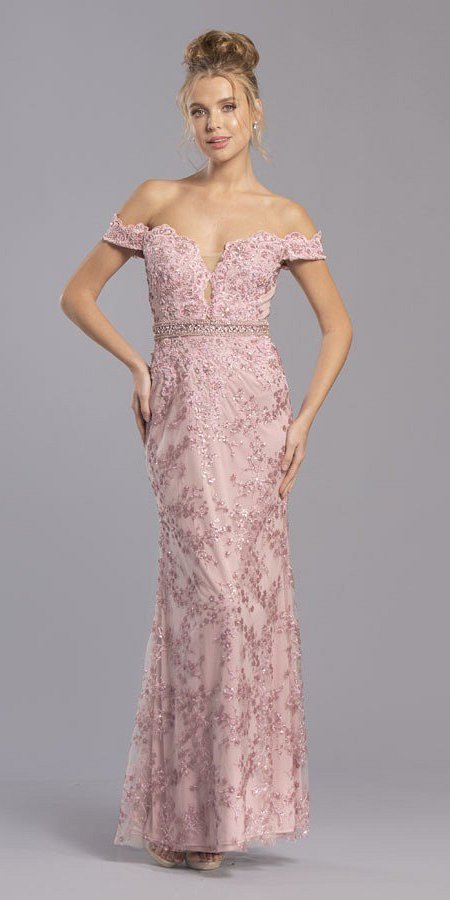 Off-the-Shoulder Appliqued Long Formal Dress Dusty Rose