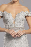 Off-the-Shoulder Appliqued Long Formal Dress Silver
