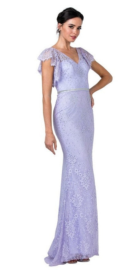 Pewter Lace Beaded Long Formal Dress Flutter Sleeves