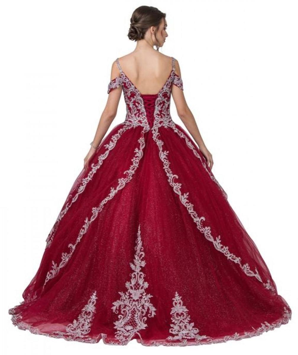 Aspeed Design L2348 Appliqued Cold-Shoulder Long Quinceanera Dress Burgundy