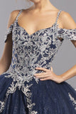 Appliqued Cold-Shoulder Long Quinceanera Dress Navy Blue