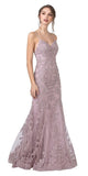 Mauve Embroidered Long Prom Dress with Spaghetti Straps