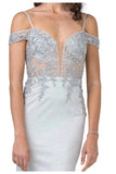 Silver Long Formal Dress with Illusion Appliqued Bodice