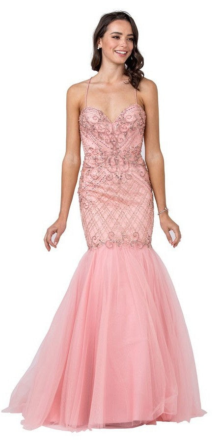 Pink Embellished Long Trumpet Prom Dress 