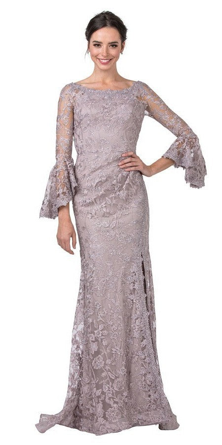 Lace Appliqued Cut-Out Back Long Formal Dress Mauve