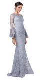 Lace Appliqued Cut-Out Back Long Formal Dress Pewter