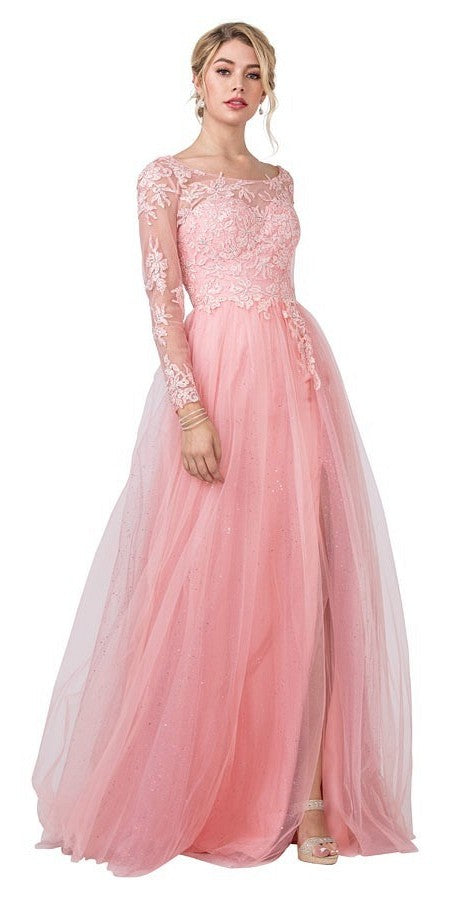 Appliqued Pink Long Prom Dress with Deep V-Back