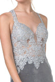 Chrome Appliqued Long Prom Dress with Racer Cut-Out Back