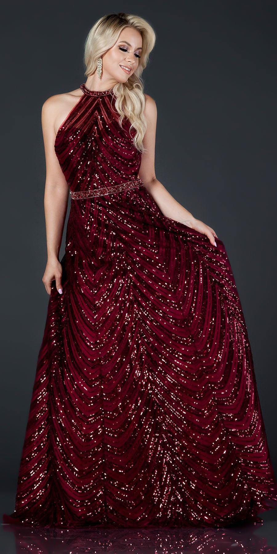 Aspeed L2377 Halter Sequins Long Dress with Open-Back