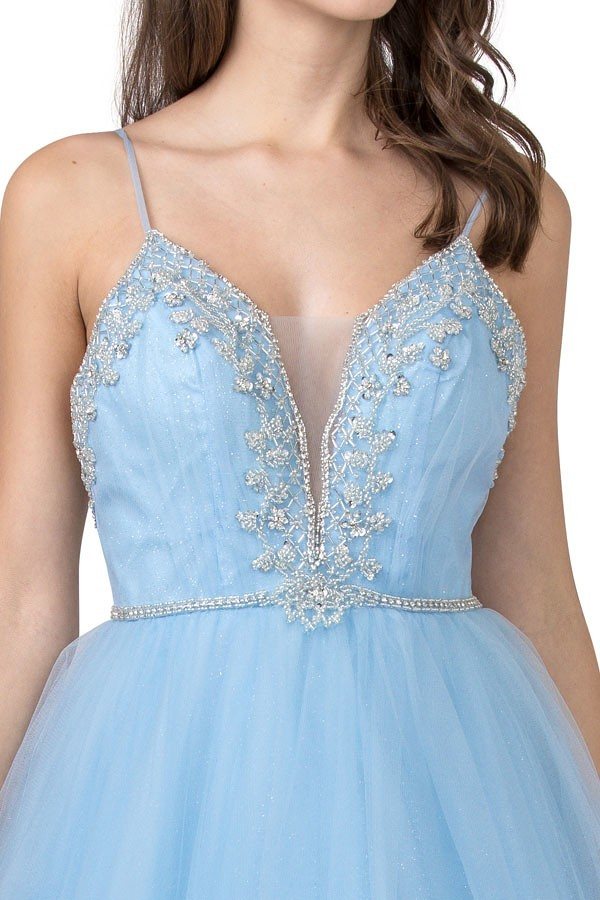 Embellished Prom Ball Gown with Spaghetti Straps Ice Blue