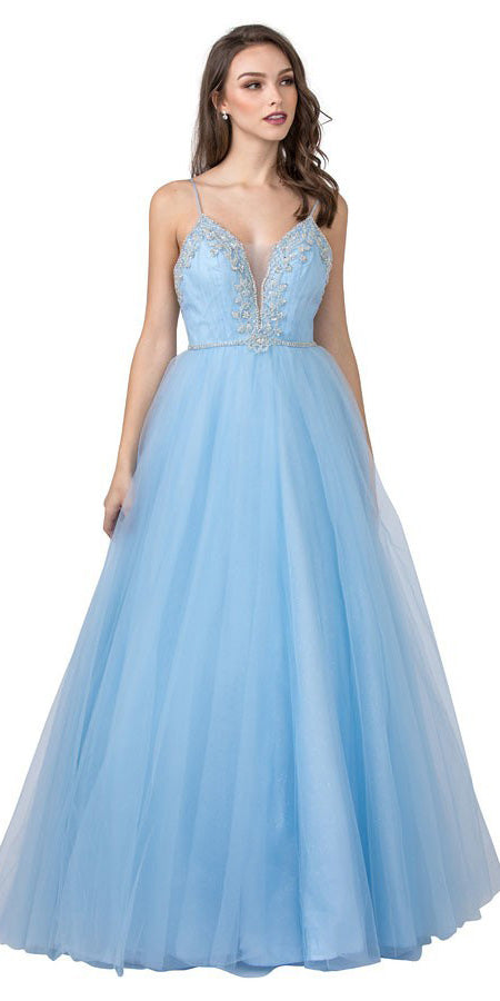 Embellished Prom Ball Gown with Spaghetti Straps Ice Blue