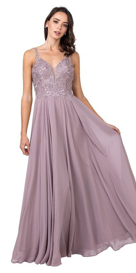 A-Line Long Formal Dress with Beads and Appliques Mauve