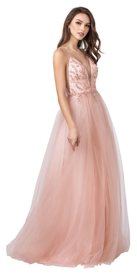 Blush Long Prom Dress with Embellished Bodice