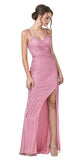 Pink Sequins Long Prom Dress with V-Neck and Slit